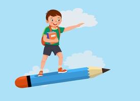 cute little boy with backpack standing riding on big flying pencil going to school vector