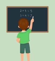 Back view of cute little boy student write on blackboard math equation in front of class with chalk vector