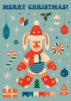 Retro vintage greeting card with Christmas Rabbit. Christmas card. Vector illustration
