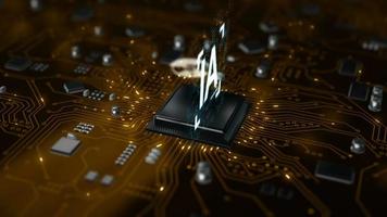 3D Render animation of AI Artificial intelligence in CPU chipset central processor unit and electric print circuit board with data traffic light on dark and grain processed video