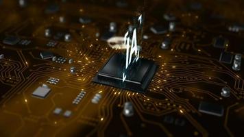 3D Render animation of AI Artificial intelligence in CPU chipset central processor unit and electric print circuit board with data traffic light on dark and grain processed video