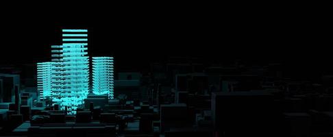 rascacielos digital en el fondo de la placa de circuito de la ciudad oscura. edificio cibernético con brillo de neón azul en 3d render noche metrópolis abstracta fantástico servidor web procesando datos virtuales foto