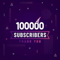 Thank you 100000 subscribers, 100K subscribers celebration modern colorful design. vector