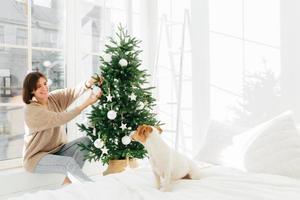Positive young woman dresses up Christmas tree in bedroom, poses on windowsill, jack russell terrier dog on bed. Minimalism and classic style. Ready for New Year and winter holidays. Xmas time