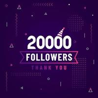 gracias 20000 seguidores, celebración de 20k seguidores diseño moderno y colorido. vector