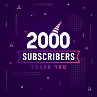 Thank you 2000 subscribers, 2K subscribers celebration modern colorful design. vector