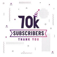 gracias 70k suscriptores, 70000 suscriptores celebración diseño moderno y colorido. vector