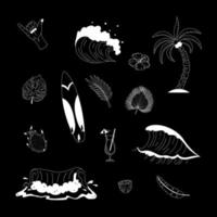 Set Of Hand Drawn Surfing Elements. Waves, Surfboard, Palm Trees, Tropical Leaves And More. vector