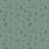 Seamless Pattern With Hand Drawn Elements With A Surf Theme. Wave, Surf, Palm Trees And More. vector