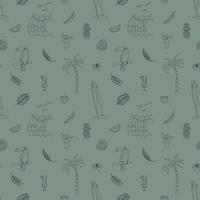 Seamless Pattern With Hand Drawn Elements With A Surf Theme. Wave, Surf, Palm Trees And More. vector