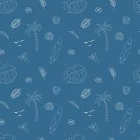 Seamless Pattern With Hand Drawn Elements With A Surf Theme. Wave, Surf, Palm Trees And More. vector
