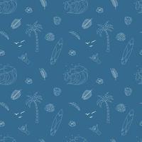 Seamless Pattern With Hand Drawn Elements With A Surf Theme. Wave, Surf, Palm Trees And More. vector