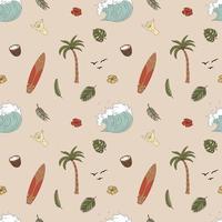 Seamless Pattern With Hand Drawn Elements With A Surf Theme. Wave, Surf, Palm Trees And More. vector