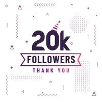 gracias 20k seguidores, 20000 seguidores celebración diseño colorido moderno. vector