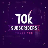 gracias 70k suscriptores, 70000 suscriptores celebración diseño moderno y colorido. vector