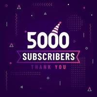 gracias 5000 suscriptores, 5k suscriptores celebración diseño moderno y colorido. vector