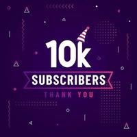 gracias 10k suscriptores, celebración de 10000 suscriptores diseño moderno y colorido. vector