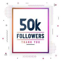 gracias 50k seguidores, celebración de 50000 seguidores diseño moderno y colorido. vector
