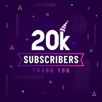 Thank you 20K subscribers, 20000 subscribers celebration modern colorful design. vector