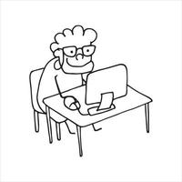 ilustración vectorial en estilo garabato. linda anciana sonriente trabaja con la computadora. los ancianos dominan las nuevas tecnologías, la informática, internet. trabajar en casa, estudiar vector