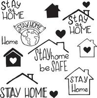 vector sketch set of elements on the theme of staying home. Cute simple doodle style icons. Stay home with protection against the coronovirus covid-19. lettering graphic emblems