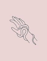 line vector illustration. Female hand with a snake isolated on a pink background. a symbol of magic, esotericism, mysticism, witchcraft. logo of cosmetics, medicines with snake venom