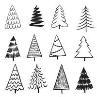 dibujo vectorial al estilo de garabato. conjunto de navidad, árboles de año nuevo. lindo dibujo abstracto de la línea del árbol de navidad vector