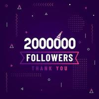 gracias 2000000 seguidores, celebración de 2 millones de seguidores diseño moderno y colorido. vector
