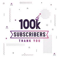 gracias 100k suscriptores, celebración de 100000 suscriptores diseño moderno y colorido. vector