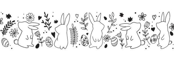 vector drawing. easter print, banner. doodle style seamless border with cute easter bunnies, hares, eggs and abstract flowers. black and white line drawing