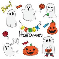colored set of cute pictures for halloween. drawings in the style of doodle, ghosts, pumpkins, lettering. funny ghosts, smiling characters. for kids vector