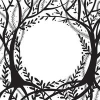 vector illustration. black and white sketch frame fairy forest. landscape with trees and herbs. mystical, magical background for postcards, books.