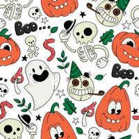 vector seamless pattern for halloween. cute characters, ghosts, pumpkins, skeletons on a white background. print for kids