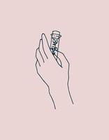 vector line drawing. Female hand with a jar with a plant isolated on a pink background. a symbol of esotericism, mysticism. Medicinal plant, eco-friendly cosmetics, body care.