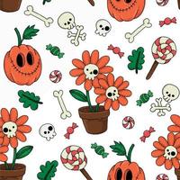 vector seamless pattern for halloween. cute characters, ghosts, pumpkins, skeletons on a white background. print for kids