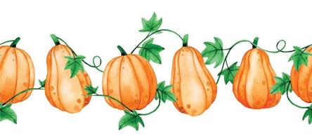 watercolor seamless  horizontal border, frame. cute orange pumpkins, halloween theme, thanksgiving day, autumn harvest. vector