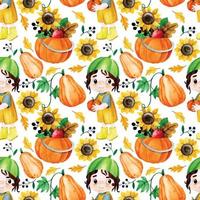 watercolor seamless pattern with cute character, baby with pumpkins and sunflower flowers. thanksgiving, harvest, autumn, halloween vector