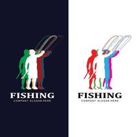 fishing logo icon vector, catch fish on the boat, outdoor sunset silhouette design vector