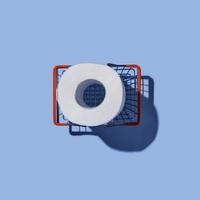 A roll of toilet paper in a shopping basket with a shadow isolated close-up on blue background. Photo with copy space.