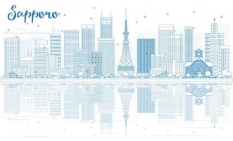Outline Sapporo Skyline with Blue Buildings and Reflections. vector