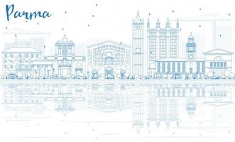 Outline Parma Skyline with Blue Buildings and Reflections. vector