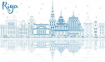 Outline Riga Skyline with Blue Landmarks and Reflections. vector