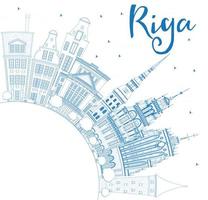 Outline Riga Skyline with Blue Landmarks and Copy Space. vector