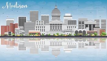 Madison Skyline with Gray Buildings, Blue Sky and Reflections. vector