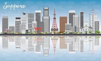 horizonte de sapporo con edificios grises, cielo azul y reflejos. vector