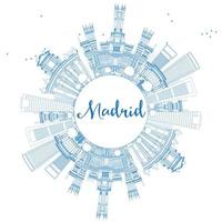 Outline Madrid Skyline with Blue Buildings and Copy Space. vector