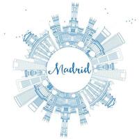 Outline Madrid Skyline with Blue Buildings and Copy Space. vector