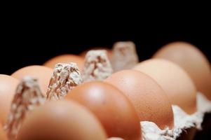 Eggs in a protective container on black background. Foreground and background in blur. photo