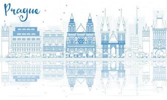 Outline Prague skyline with blue buildings and reflections. vector