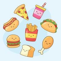 conjunto de iconos de elementos de comida chatarra kawaii vector